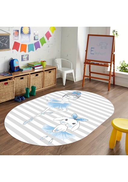 Dijital Baskılı Kaymaz Yıkanabilir Eğlenceli Eğitici Oval Çocuk Odası Halısı, N-O-Çocuk-09-Mavi,