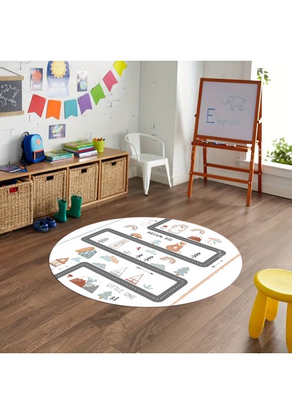 Dijital Baskılı Kaymaz Yıkanabilir Eğlenceli Yuvarlak Çocuk Odası Halısı, N-Y-Çocuk-16-Beyaz,