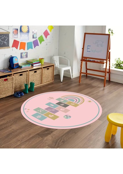 Dijital Baskılı Kaymaz Yıkanabilir Eğlenceli Yuvarlak Çocuk Odası Halısı, N-Y-Çocuk-31-Pembe,