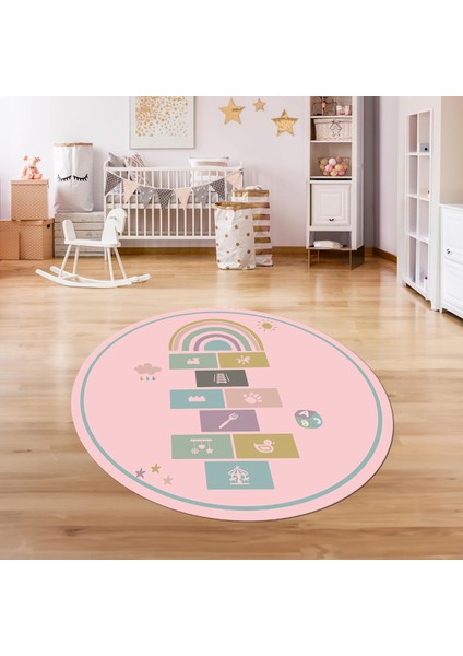 Dijital Baskılı Kaymaz Yıkanabilir Eğlenceli Yuvarlak Çocuk Odası Halısı, N-Y-Çocuk-31-Pembe, fiyatları