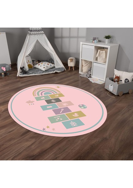 Dijital Baskılı Kaymaz Yıkanabilir Eğlenceli Yuvarlak Çocuk Odası Halısı, N-Y-Çocuk-31-Pembe, modelleri