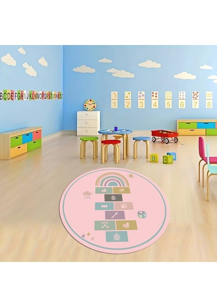 Dijital Baskılı Kaymaz Yıkanabilir Eğlenceli Yuvarlak Çocuk Odası Halısı, N-Y-Çocuk-31-Pembe, indirimleri