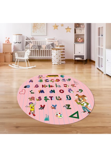Dijital Baskılı Kaymaz Yıkanabilir Eğlenceli Yuvarlak Çocuk Odası Halısı, N-Y-Çocuk-33-Pembe,