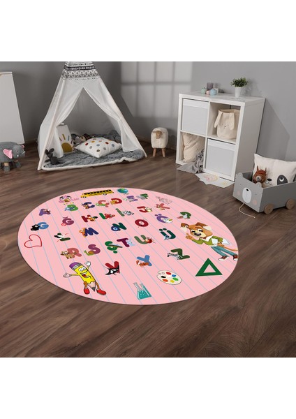Dijital Baskılı Kaymaz Yıkanabilir Eğlenceli Yuvarlak Çocuk Odası Halısı, N-Y-Çocuk-33-Pembe,