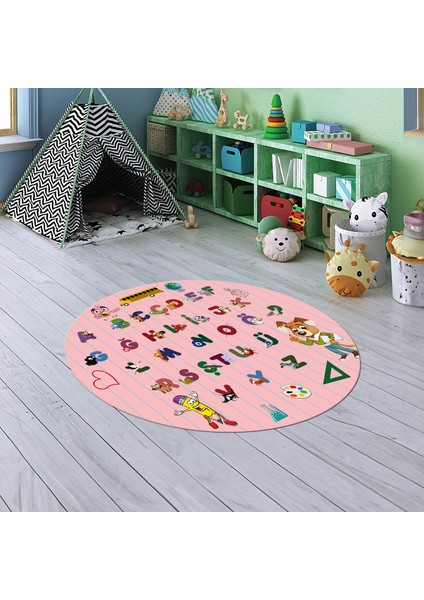 Dijital Baskılı Kaymaz Yıkanabilir Eğlenceli Yuvarlak Çocuk Odası Halısı, N-Y-Çocuk-33-Pembe,
