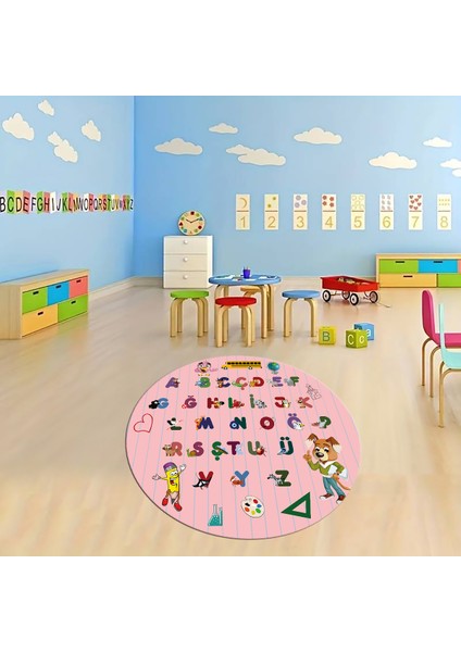 Dijital Baskılı Kaymaz Yıkanabilir Eğlenceli Yuvarlak Çocuk Odası Halısı, N-Y-Çocuk-33-Pembe,