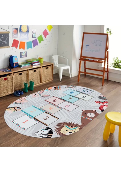Dijital Baskılı Kaymaz Yıkanabilir Eğlenceli Eğitici Oval Çocuk Odası Halısı, N-O-Çocuk-28-Gri,