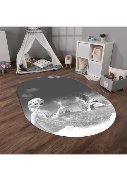 Dijital Baskılı Kaymaz Yıkanabilir Eğlenceli Eğitici Oval Çocuk Odası Halısı, N-O-Çocuk-43-Gri,