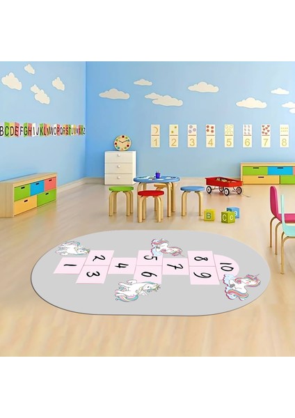Dijital Baskılı Kaymaz Yıkanabilir Eğlenceli Eğitici Oval Çocuk Odası Halısı, N-O-Çocuk-37-Gri, fırsatları