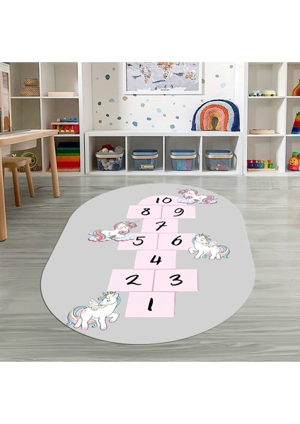 Dijital Baskılı Kaymaz Yıkanabilir Eğlenceli Eğitici Oval Çocuk Odası Halısı, N-O-Çocuk-37-Gri, indirimleri
