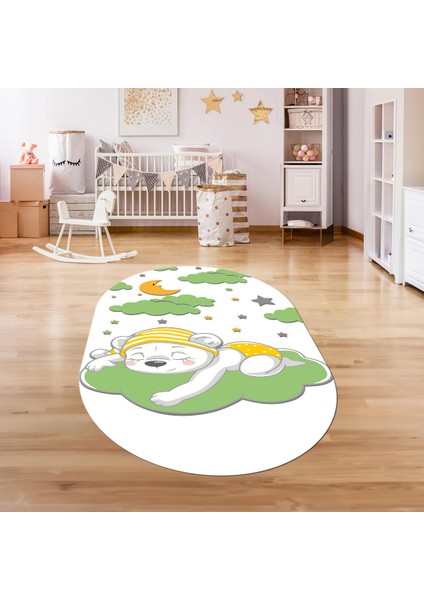 Dijital Baskılı Kaymaz Yıkanabilir Eğlenceli Eğitici Oval Çocuk Odası Halısı, N-O-Çocuk-34-Yeşil,