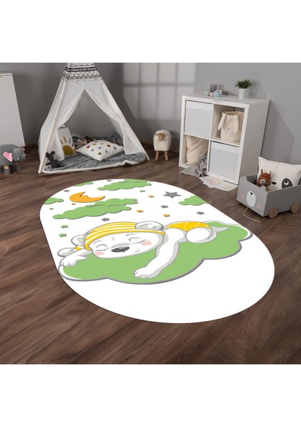 Dijital Baskılı Kaymaz Yıkanabilir Eğlenceli Eğitici Oval Çocuk Odası Halısı, N-O-Çocuk-34-Yeşil, fiyatları