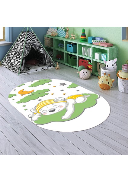 Dijital Baskılı Kaymaz Yıkanabilir Eğlenceli Eğitici Oval Çocuk Odası Halısı, N-O-Çocuk-34-Yeşil, modelleri