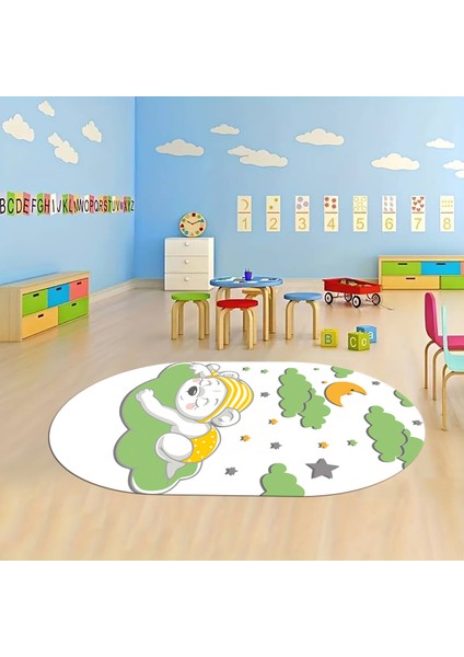 Dijital Baskılı Kaymaz Yıkanabilir Eğlenceli Eğitici Oval Çocuk Odası Halısı, N-O-Çocuk-34-Yeşil, fırsatları
