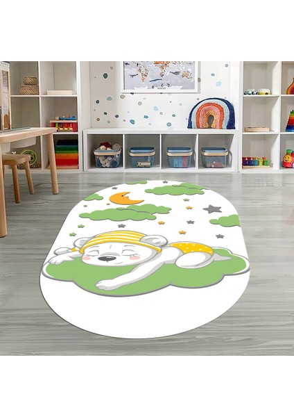 Dijital Baskılı Kaymaz Yıkanabilir Eğlenceli Eğitici Oval Çocuk Odası Halısı, N-O-Çocuk-34-Yeşil, indirimleri