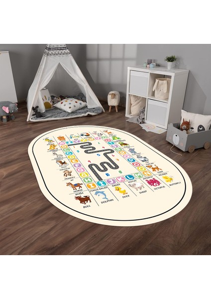 Dijital Baskılı Kaymaz Yıkanabilir Eğlenceli Eğitici Oval Çocuk Odası Halısı, N-O-Çocuk-44-Krem,