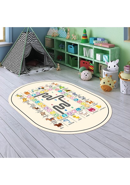 Dijital Baskılı Kaymaz Yıkanabilir Eğlenceli Eğitici Oval Çocuk Odası Halısı, N-O-Çocuk-44-Krem,