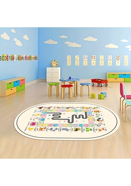 Dijital Baskılı Kaymaz Yıkanabilir Eğlenceli Eğitici Oval Çocuk Odası Halısı, N-O-Çocuk-44-Krem,