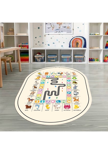 Dijital Baskılı Kaymaz Yıkanabilir Eğlenceli Eğitici Oval Çocuk Odası Halısı, N-O-Çocuk-44-Krem,