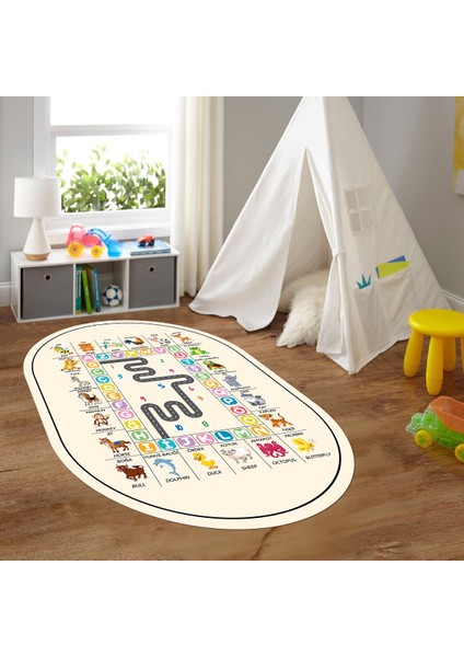 Dijital Baskılı Kaymaz Yıkanabilir Eğlenceli Eğitici Oval Çocuk Odası Halısı, N-O-Çocuk-44-Krem,