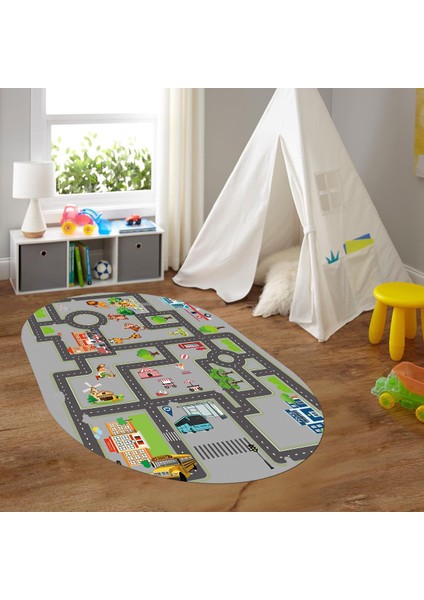 Dijital Baskılı Kaymaz Yıkanabilir Eğlenceli Eğitici Oval Çocuk Odası Halısı, N-O-Çocuk-20-Gri,