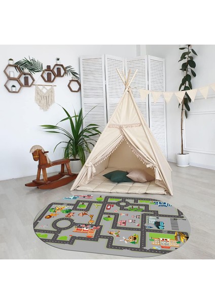 Dijital Baskılı Kaymaz Yıkanabilir Eğlenceli Eğitici Oval Çocuk Odası Halısı, N-O-Çocuk-20-Gri, fiyatları
