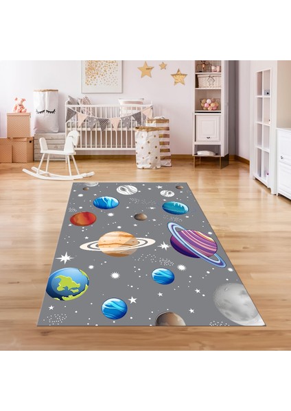 Dijital Baskılı Kaymaz Taban Yıkanabilir Eğlenceli Eğitici Çocuk Odası Halısı, N-Çocuk-38-Gri,
