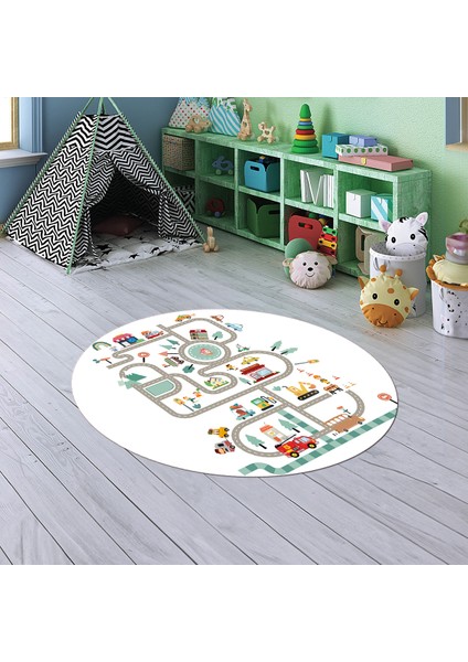 Dijital Baskılı Kaymaz Yıkanabilir Eğlenceli Yuvarlak Çocuk Odası Halısı, N-Y-Çocuk-48-Beyaz,