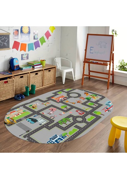 Dijital Baskılı Kaymaz Yıkanabilir Eğlenceli Eğitici Oval Çocuk Odası Halısı, N-O-Çocuk-20-Gri, modelleri