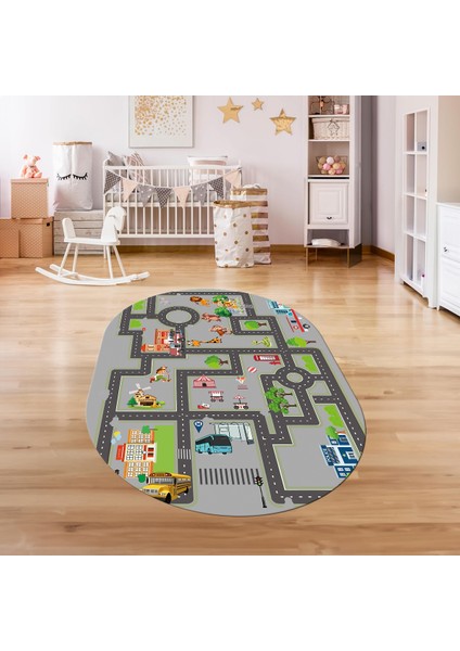 Dijital Baskılı Kaymaz Yıkanabilir Eğlenceli Eğitici Oval Çocuk Odası Halısı, N-O-Çocuk-20-Gri, fırsatları