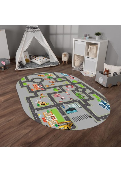 Dijital Baskılı Kaymaz Yıkanabilir Eğlenceli Eğitici Oval Çocuk Odası Halısı, N-O-Çocuk-20-Gri, indirimleri