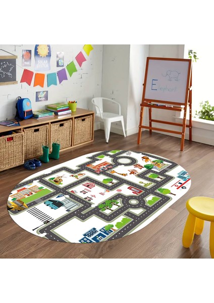 Dijital Baskılı Kaymaz Yıkanabilir Eğlenceli Eğitici Oval Çocuk Odası Halısı, N-O-Çocuk-20-Renkli, modelleri