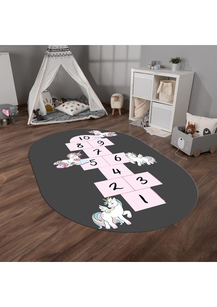 Dijital Baskılı Kaymaz Yıkanabilir Eğlenceli Eğitici Oval Çocuk Odası Halısı, N-O-Çocuk-37-Antrasit, fiyatları