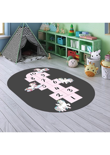 Dijital Baskılı Kaymaz Yıkanabilir Eğlenceli Eğitici Oval Çocuk Odası Halısı, N-O-Çocuk-37-Antrasit, modelleri