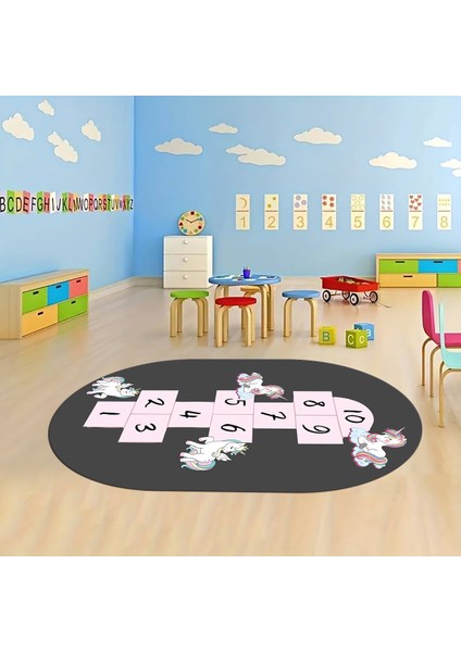 Dijital Baskılı Kaymaz Yıkanabilir Eğlenceli Eğitici Oval Çocuk Odası Halısı, N-O-Çocuk-37-Antrasit, fırsatları