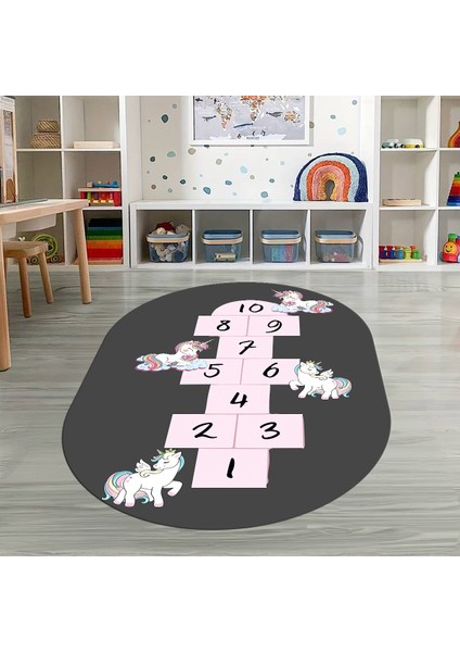 Dijital Baskılı Kaymaz Yıkanabilir Eğlenceli Eğitici Oval Çocuk Odası Halısı, N-O-Çocuk-37-Antrasit, indirimleri