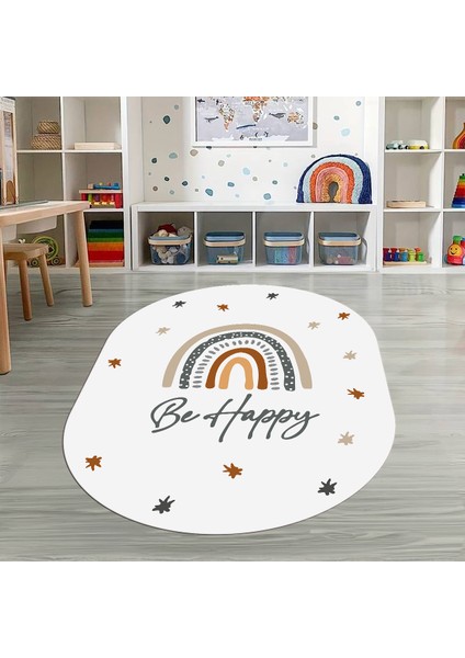 Dijital Baskılı Kaymaz Yıkanabilir Eğlenceli Eğitici Oval Çocuk Odası Halısı, N-O-Çocuk-14-Beyaz,
