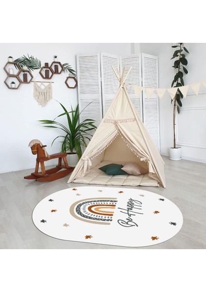 Dijital Baskılı Kaymaz Yıkanabilir Eğlenceli Eğitici Oval Çocuk Odası Halısı, N-O-Çocuk-14-Beyaz, modelleri