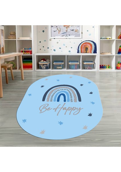 Dijital Baskılı Kaymaz Yıkanabilir Eğlenceli Eğitici Oval Çocuk Odası Halısı, N-O-Çocuk-14-Mavi,