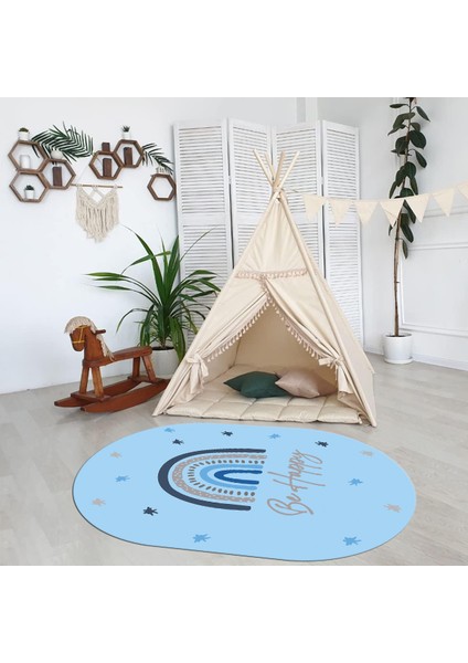 Dijital Baskılı Kaymaz Yıkanabilir Eğlenceli Eğitici Oval Çocuk Odası Halısı, N-O-Çocuk-14-Mavi,