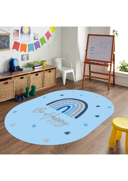 Dijital Baskılı Kaymaz Yıkanabilir Eğlenceli Eğitici Oval Çocuk Odası Halısı, N-O-Çocuk-14-Mavi,