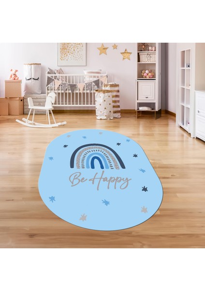 Dijital Baskılı Kaymaz Yıkanabilir Eğlenceli Eğitici Oval Çocuk Odası Halısı, N-O-Çocuk-14-Mavi,