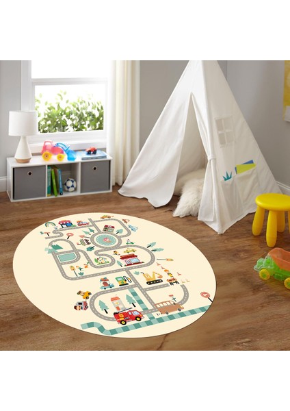 Dijital Baskılı Kaymaz Yıkanabilir Eğlenceli Yuvarlak Çocuk Odası Halısı, N-Y-Çocuk-48-Krem, fırsatları
