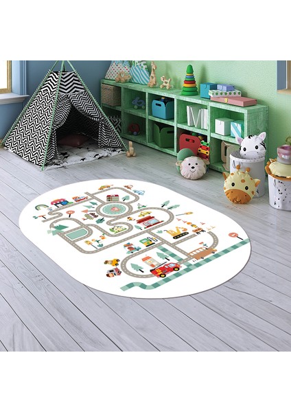 Dijital Baskılı Kaymaz Yıkanabilir Eğlenceli Eğitici Oval Çocuk Odası Halısı, N-O-Çocuk-48-Beyaz,