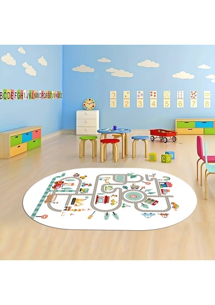 Dijital Baskılı Kaymaz Yıkanabilir Eğlenceli Eğitici Oval Çocuk Odası Halısı, N-O-Çocuk-48-Beyaz, fiyatları