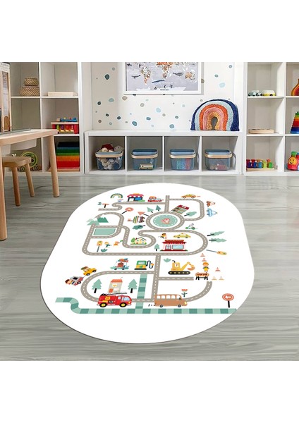 Dijital Baskılı Kaymaz Yıkanabilir Eğlenceli Eğitici Oval Çocuk Odası Halısı, N-O-Çocuk-48-Beyaz, modelleri