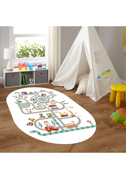 Dijital Baskılı Kaymaz Yıkanabilir Eğlenceli Eğitici Oval Çocuk Odası Halısı, N-O-Çocuk-48-Beyaz, fırsatları