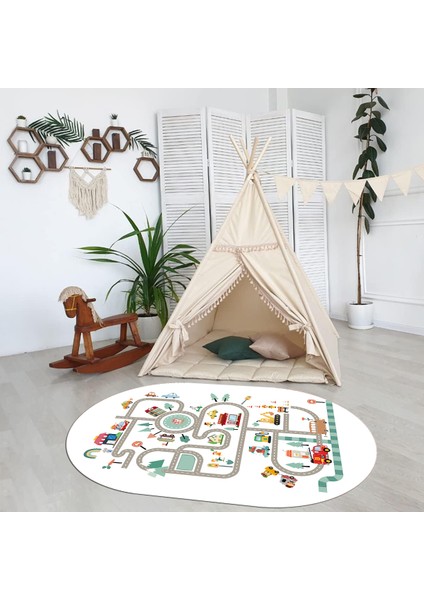 Dijital Baskılı Kaymaz Yıkanabilir Eğlenceli Eğitici Oval Çocuk Odası Halısı, N-O-Çocuk-48-Beyaz, indirimleri