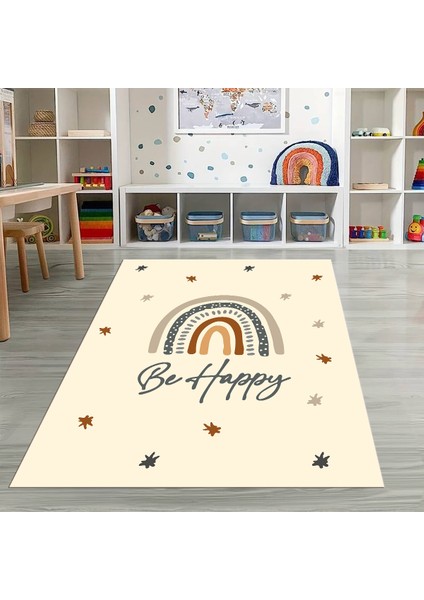 Dijital Baskılı Kaymaz Taban Yıkanabilir Eğlenceli Eğitici Çocuk Odası Halısı, N-Çocuk-14-Krem,