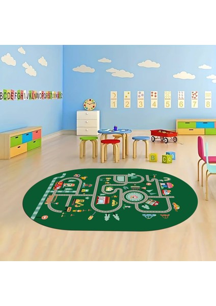 Dijital Baskılı Kaymaz Yıkanabilir Eğlenceli Eğitici Oval Çocuk Odası Halısı, N-O-Çocuk-48-Yeşil, fiyatları